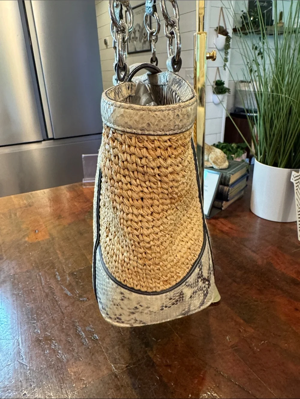 Coach Natural Straw Tote with Gray Snakeskin Trim